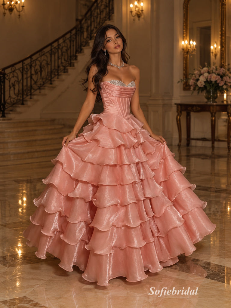 Dusty Rose Strapless Sweetheart Corset Bodice Tiered Ruffled Ball Gown Floor Length Evening Dress,PD13854