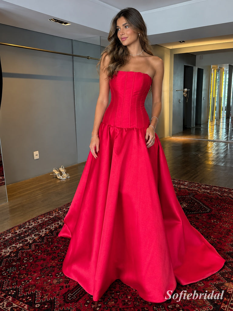 Red Satin Strapless Tube Top Ball Gown With Boned Corset Bodice & Voluminous Flared Skirt, PD13877
