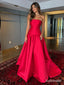 Red Satin Strapless Tube Top Ball Gown With Boned Corset Bodice & Voluminous Flared Skirt, PD13877