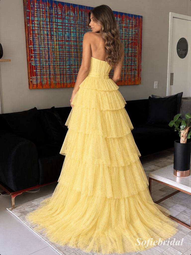 Pale Yellow Glitter Tulle Strapless Sweetheart Gown With Boned Corset Bodice & Tiered Ruffle Skirt, PD13881