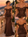 Brown Lace Off-the-Shoulder Sweetheart Corset Mermaid Satin Evening Dress, PD13865