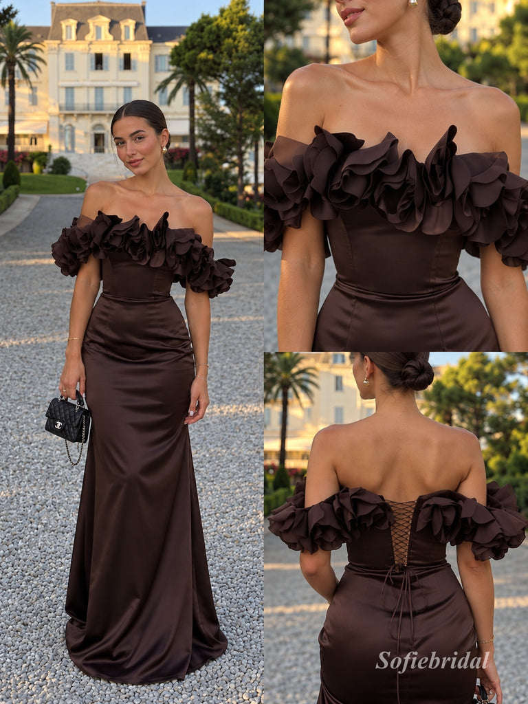 Dark Brown Satin Off-the-Shoulder Mermaid Gown With 3D Ruffle & Lace-Up Back, PD13872