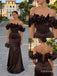 Dark Brown Satin Off-the-Shoulder Mermaid Gown With 3D Ruffle & Lace-Up Back, PD13872
