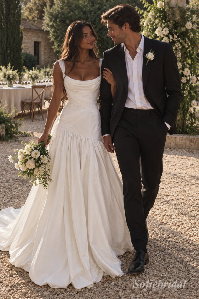 White Mikado Satin Thick Strap Cowl Neck Draped Corset Bodice Flowy A-Line Skirt Floor Length Wedding Dress, SFWD0099