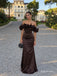 Dark Brown Satin Off-the-Shoulder Mermaid Gown With 3D Ruffle & Lace-Up Back, PD13872