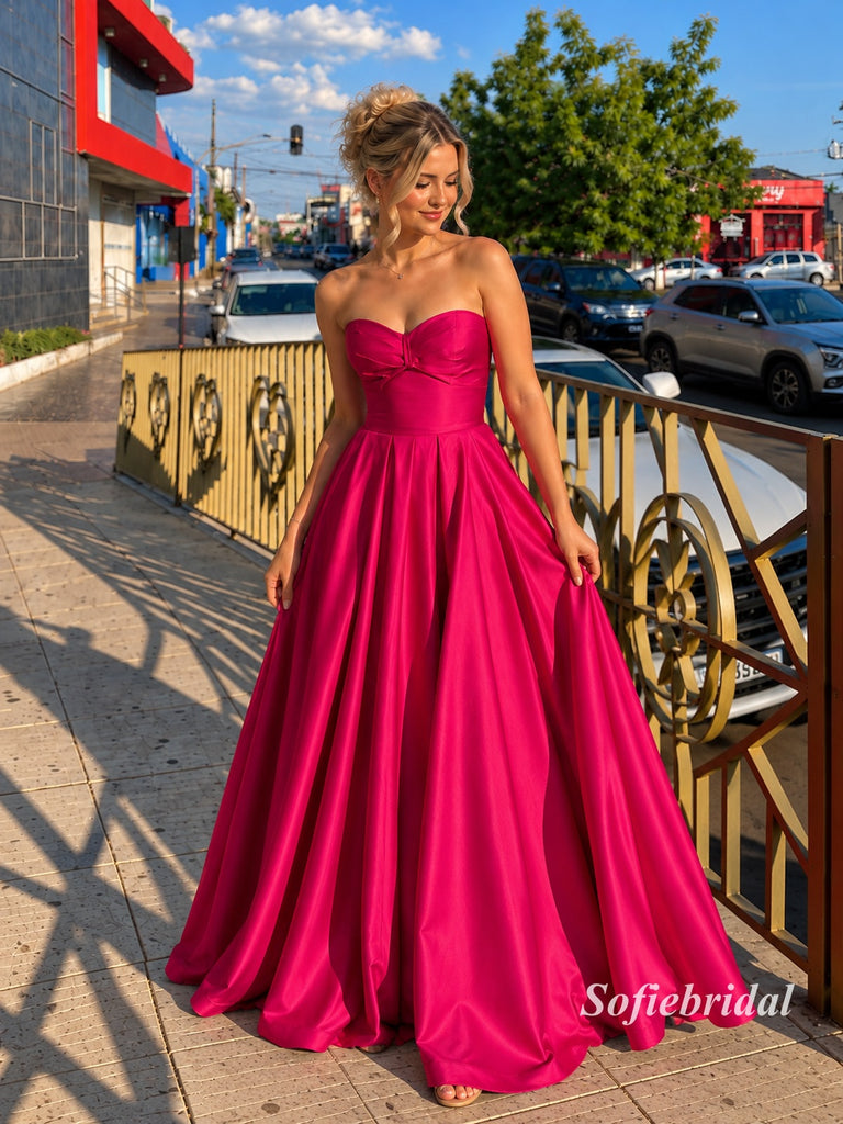 Fuchsia Strapless Sweetheart Satin Ball Gown, Simple Bow Bust Prom Dress, PD13937