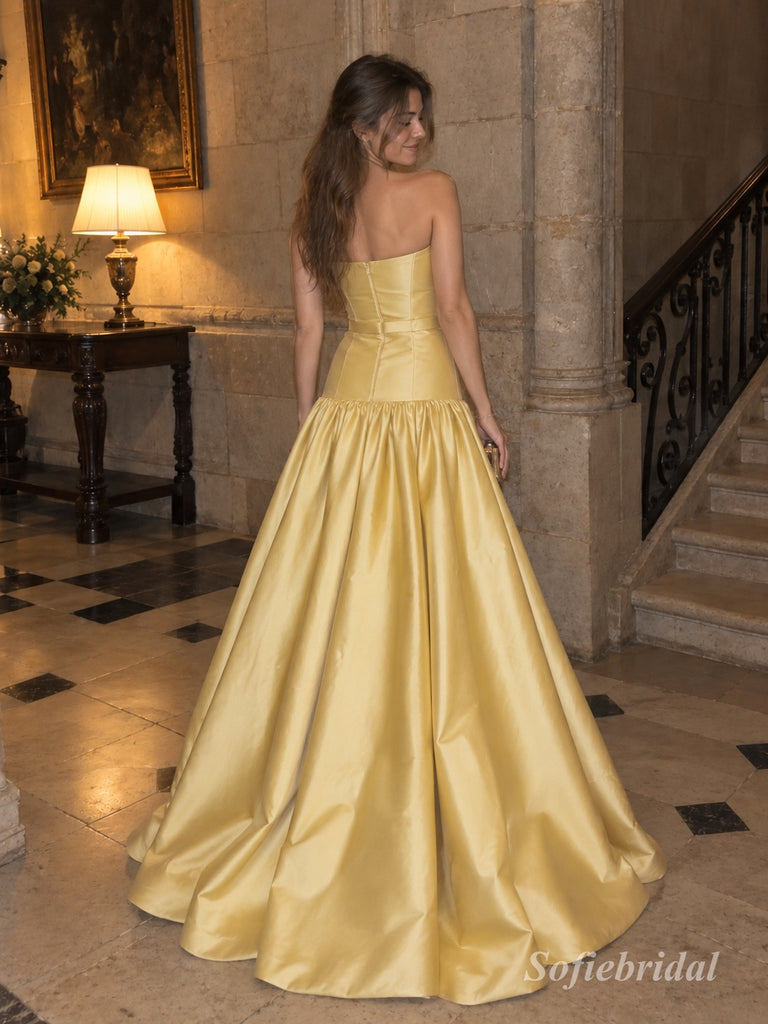 Golden Yellow Satin Strapless Belted Drop Waist A-Line Floor Length Evening Dress,PD13846