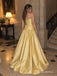 Golden Yellow Satin Strapless Belted Drop Waist A-Line Floor Length Evening Dress,PD13846