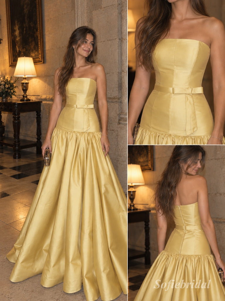 Golden Yellow Satin Strapless Belted Drop Waist A-Line Floor Length Evening Dress,PD13846