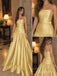 Golden Yellow Satin Strapless Belted Drop Waist A-Line Floor Length Evening Dress,PD13846