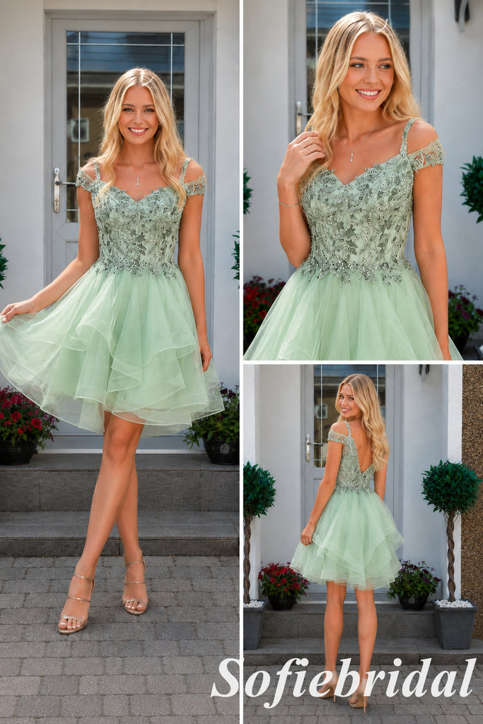 Sage Green Tulle Embroidered Off Shoulder Mini Homecoming Dress, HD0368