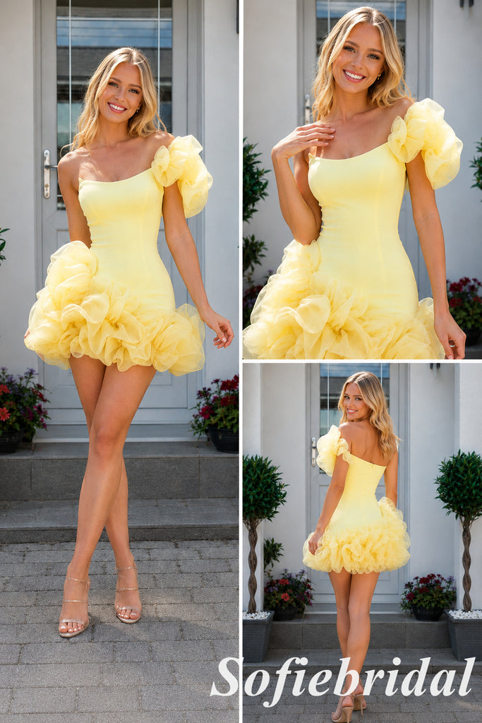 Lemon Yellow Tulle Puffy Ruffle Off Shoulder Mini Homecoming Dress, HD0370
