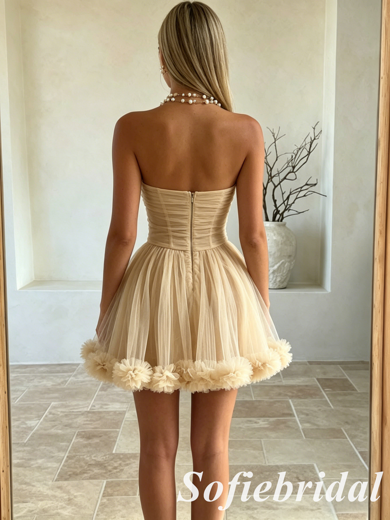 Nude Tulle Strapless A-Line Homecoming Dress with Floral Trim, HD0324