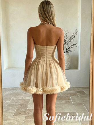 Nude Tulle Strapless A-Line Homecoming Dress with Floral Trim, HD0324