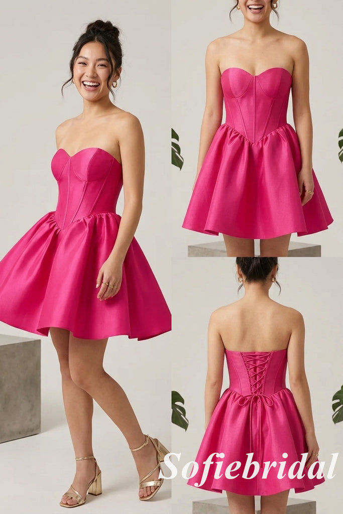 Strapless Hot Pink Satin Corset Short A-Line Homecoming Dress, HD0327