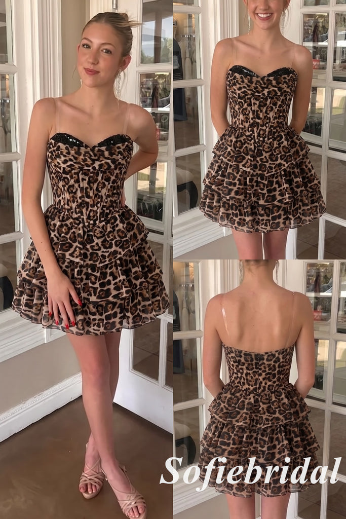 Strapless Leopard Print Chiffon Tiered Short A-Line Homecoming Dress, HD0330