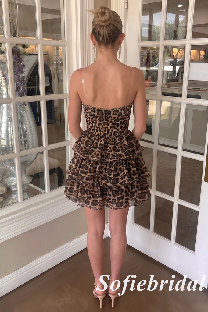 Strapless Leopard Print Chiffon Tiered Short A-Line Homecoming Dress, HD0330