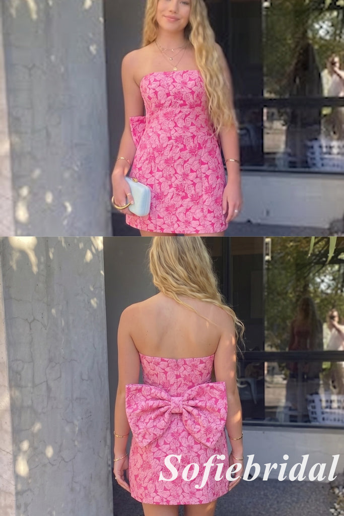 Strapless Pink Floral Jacquard Homecoming Dress With Big Bow, HD0328