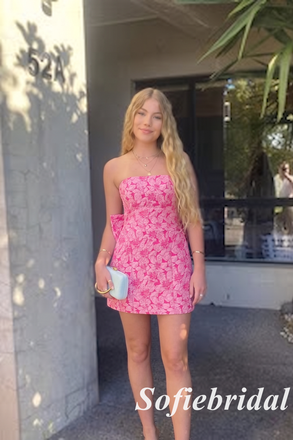 Strapless Pink Floral Jacquard Homecoming Dress With Big Bow, HD0328