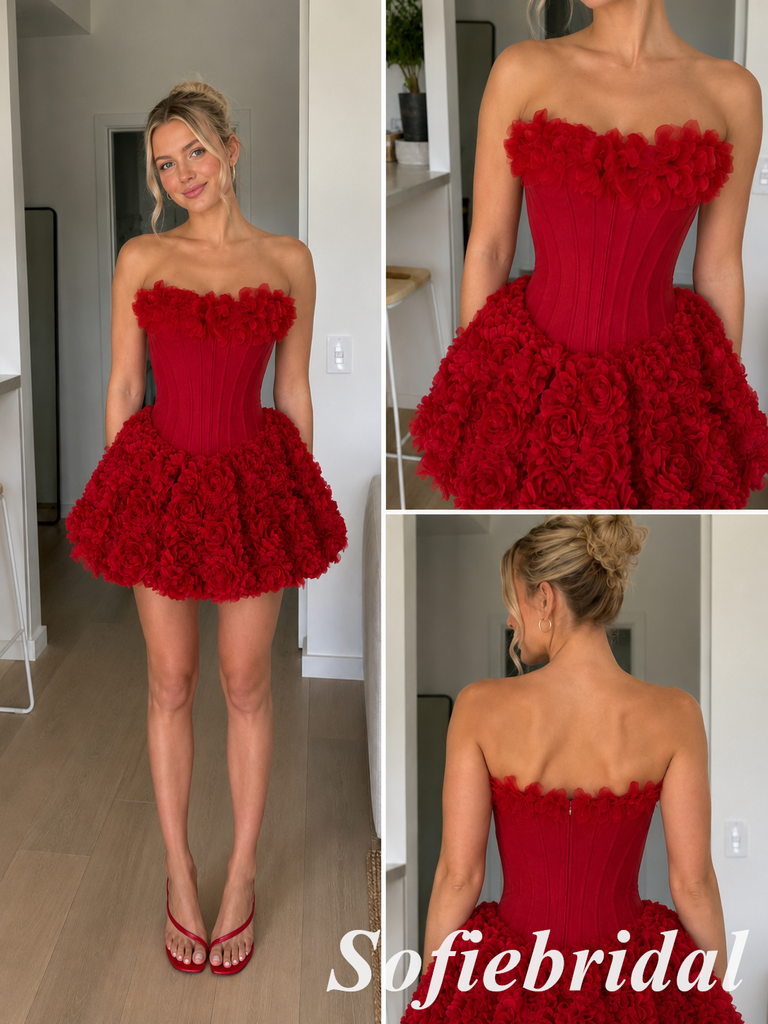 Short Red Homecoming Dress With 3D Floral Corset And Tulle, HD0332