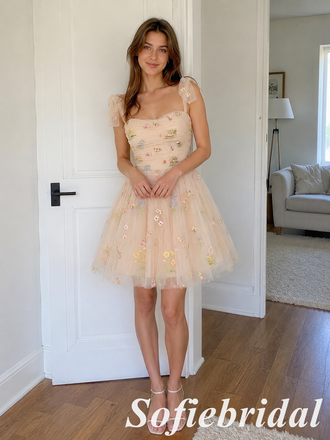 Peach Tulle Homecoming Dress with Floral Embroidery and Bow Straps, HD0344