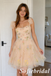 Peach Tulle Homecoming Dress with Floral Embroidery and Bow Straps, HD0344