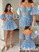 Sky Blue Floral Tulle Off Shoulder Puff Sleeve Mini Homecoming Dress, HD0348