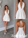 Simple White Crepe Deep V Halter Mini Dress Back Tie Flared Short Homecoming Dress, HD0360