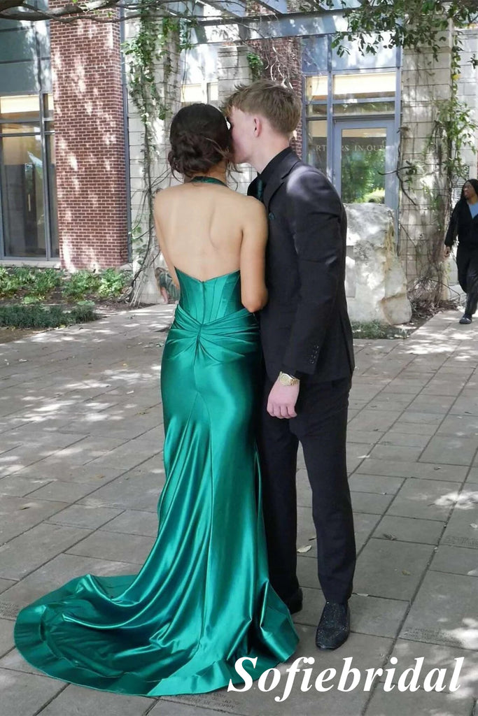 Sexy Soft Satin Halter Sleeveless Side Slit Mermaid Maxi Prom Dress, PD01129