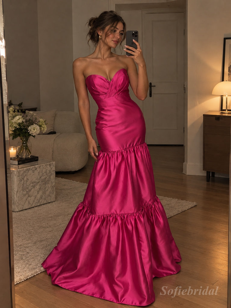 Fuchsia Satin Strapless Sweetheart Tiered Ruffle Mermaid Prom Dress, PD13866
