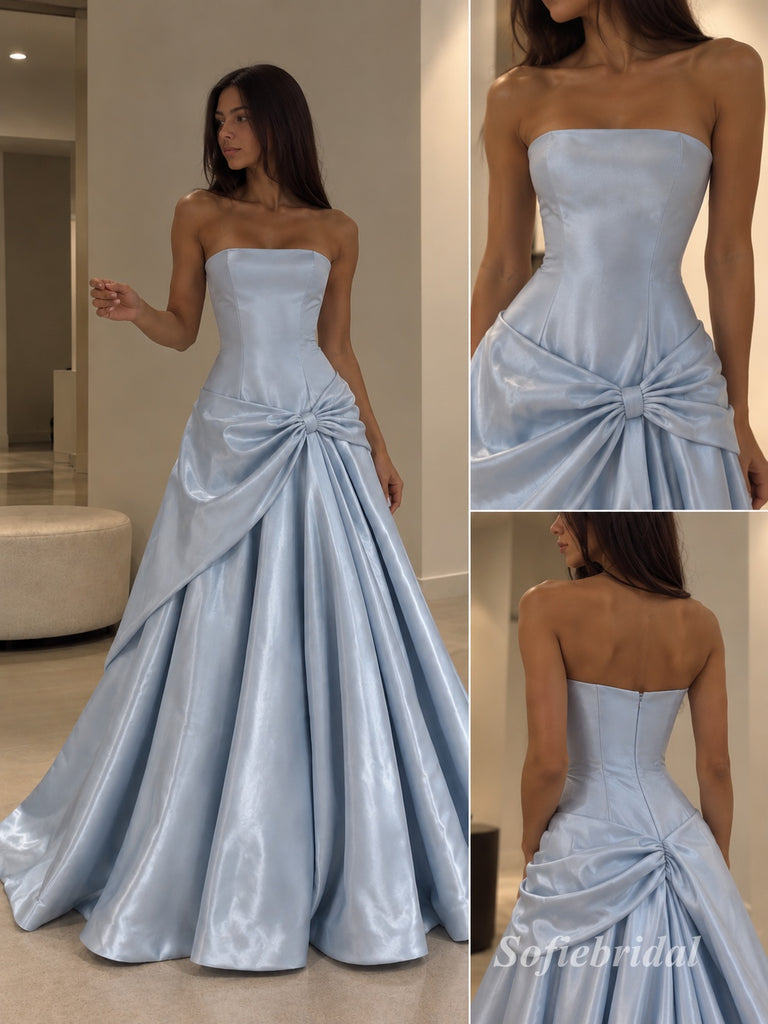 Light Blue Strapless Bow Satin A-Line Dress, Tube Top Floor Length Formal Gown,PD13909