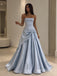Light Blue Strapless Bow Satin A-Line Dress, Tube Top Floor Length Formal Gown,PD13909