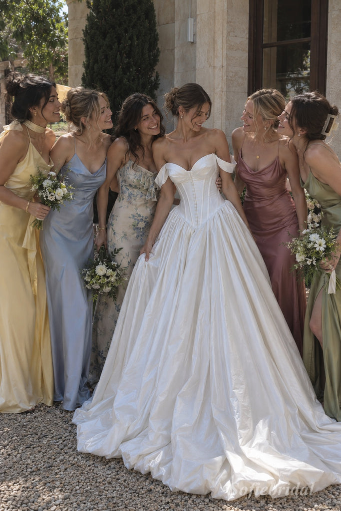 White Mikado Satin Off The Shoulder Sweetheart Corset Ball Gown Floor Length Wedding Dress, SFWD0103
