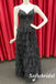 Sexy Black Tulle And Lace Spaghetti Straps V-Neck A-Line Long Prom Dresses, PD0940