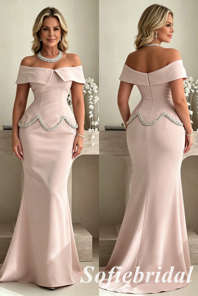 Elegant Blush Pink Off Shoulder Beaded Mermaid Evening Dress, Formal Mother of the Bride Gown, SFM014