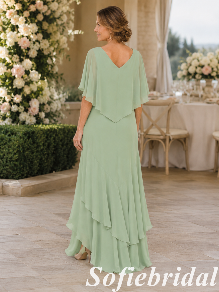 Sage Green Chiffon V-Neck Layered Mother of the Bride Dress, SFM017