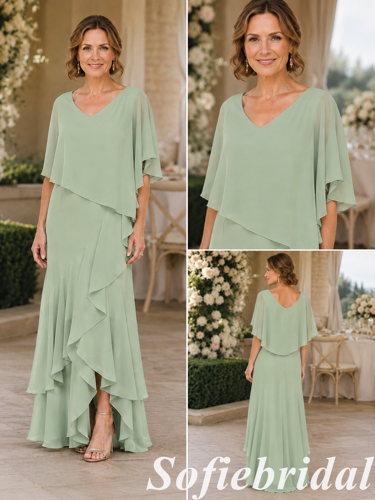 Sage Green Chiffon V-Neck Layered Mother of the Bride Dress, SFM017