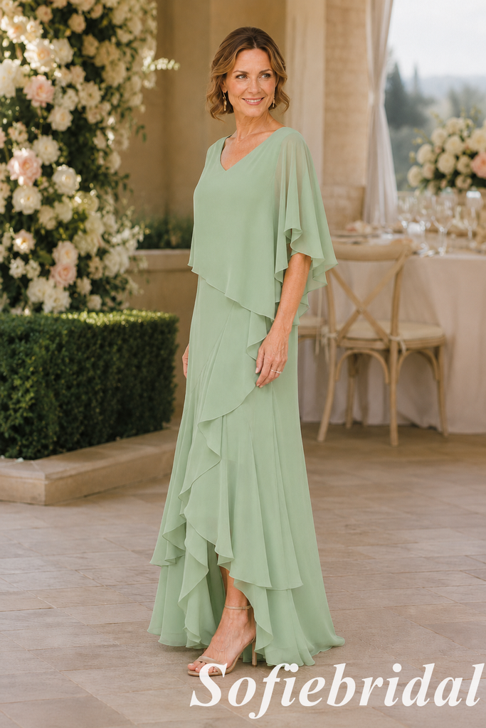 Sage Green Chiffon V-Neck Layered Mother of the Bride Dress, SFM017