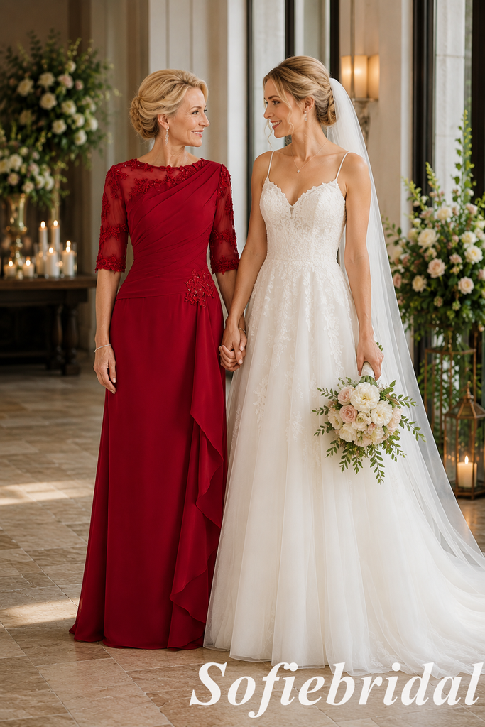 Elegant Red Chiffon Beaded Mother of the Groom Formal Gown, SFM018