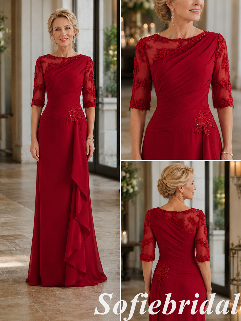 Elegant Red Chiffon Beaded Mother of the Groom Formal Gown, SFM018