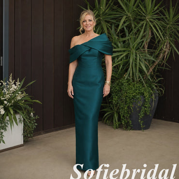 Sophisticated Teal Satin Draped Off Shoulder Maxi Mother Of The Bride Dress, SFM019
