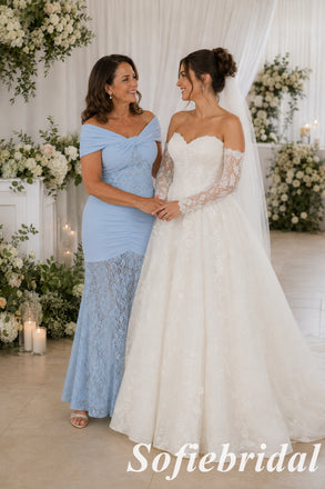 Romantic Pale Blue Chiffon Lace Fitted Formal Mother Of The Bride Gown, SFM020