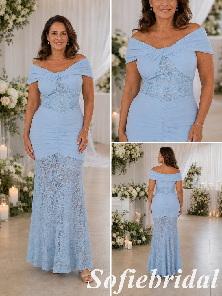 Romantic Pale Blue Chiffon Lace Fitted Formal Mother Of The Bride Gown, SFM020
