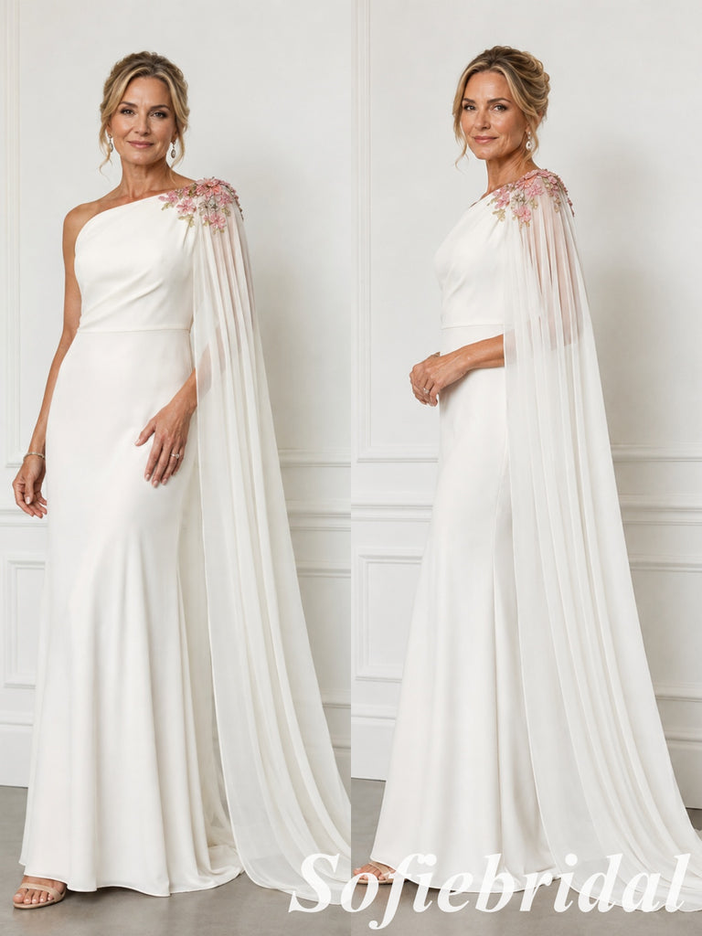 Ivory Crepe One Shoulder Mother Of The Bride Gown With Floral Chiffon Cape, SFM021