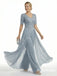 Dusty Blue Lace Chiffon Jumpsuit Formal Dress, Elegant V-Neck Mother of the Bride Gown with Sleeves, SFM013