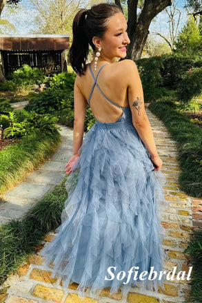 Sexy Tule Spaghetti Straps V-Neck Sleeveless Criss-Cross A-Line Long Prom Dresses, PD01008