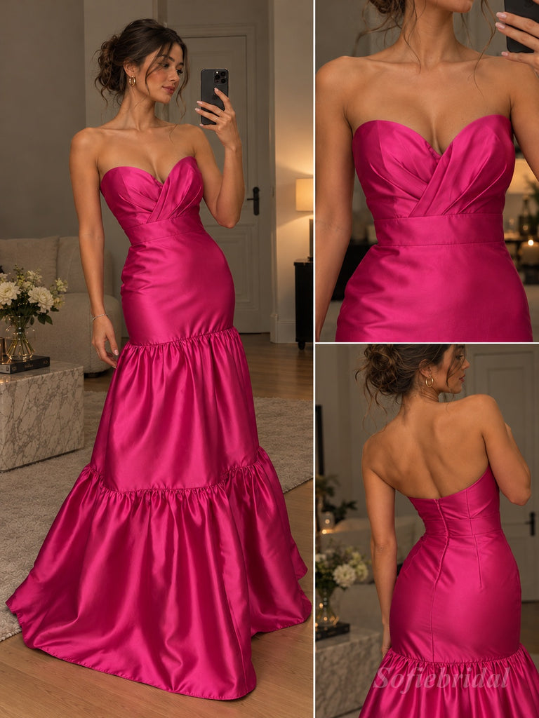 Fuchsia Satin Strapless Sweetheart Tiered Ruffle Mermaid Prom Dress, PD13866
