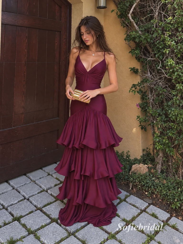 `Burgundy Chiffon Spaghetti Strap V-Neck Mermaid Gown With Ruched Bodice & Tiered Ruffle Skirt, PD13874`