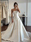 White Heavy Satin Strapless Ruched Bodice Ball Gown Wedding Dress With Dramatic Bow & Sweep Train,SFWD0115