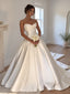 Ivory Satin Strapless Sweetheart Pleated & Draped Waist Structured Bodice Ball Gown Floor Length Wedding Dress, SFWD0105